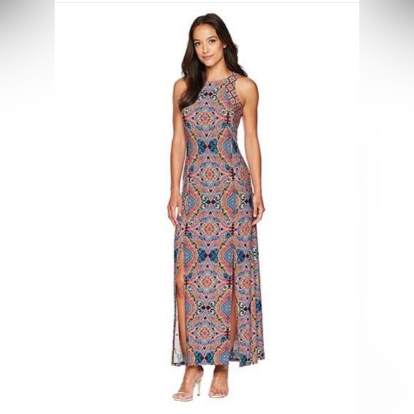 London Times size 4 maxi dress in fabulous fun pink back green and white print. - Picture 6 of 16